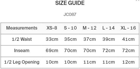 JC87 Women's Cool Athletic Pant maattabel.